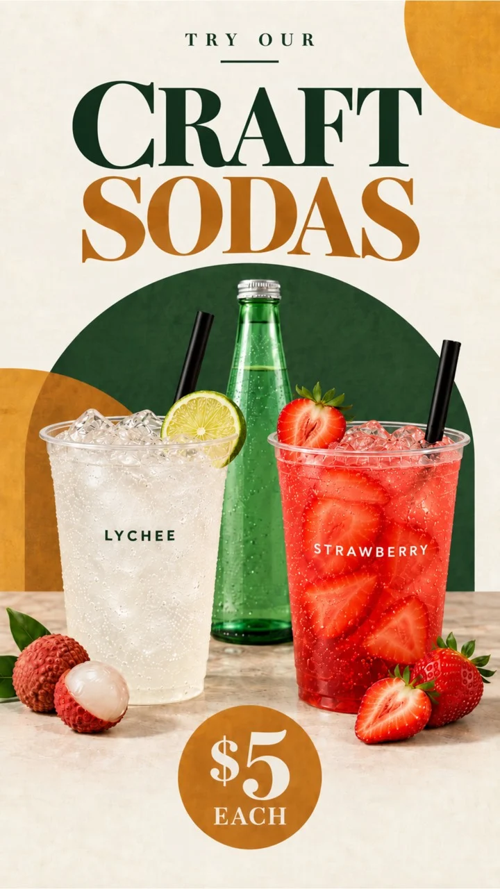 Lychee & strawberry craft sodas · $5 each.