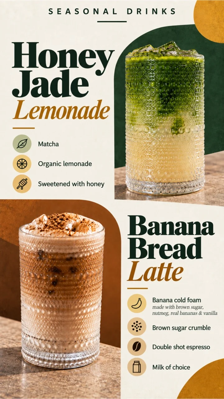 Honey Jade Lemonade & Banana Bread Latte · Ask about today’s availability.